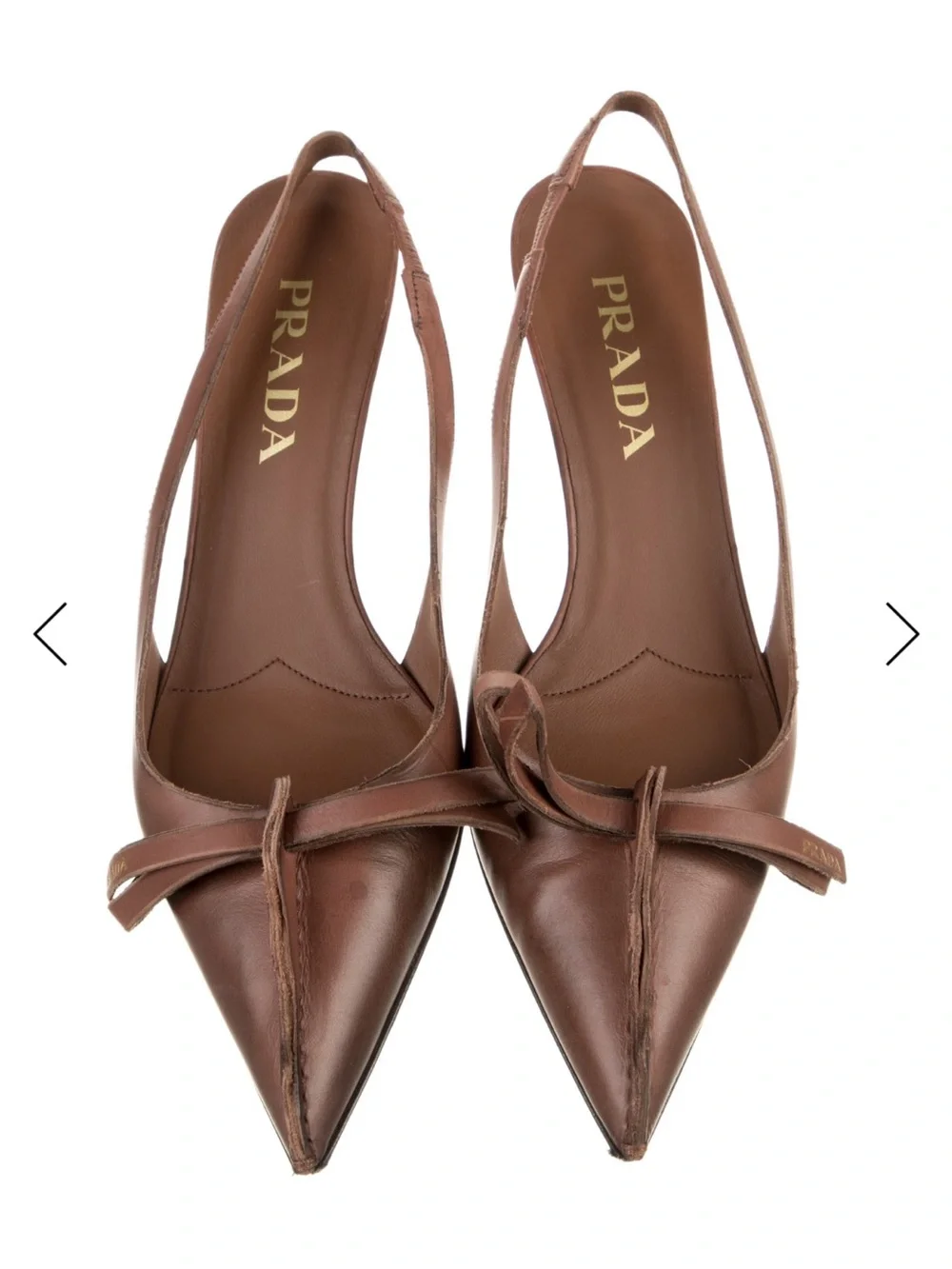 Prada Brown Leather Pointed Slingback Kitten Heel with Front Strap